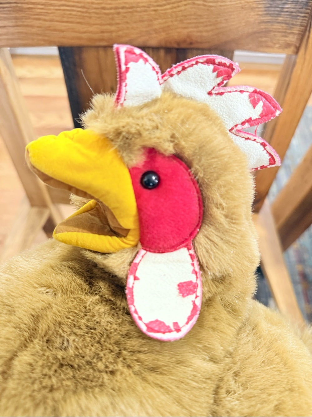 Plush Chicken Bird Toy in Brown and Yellow with Red Accents